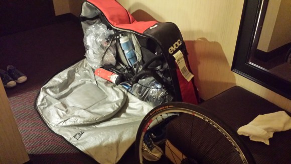 After an hour in the hotel, I was still trying to locate all of the parts to reassemble my bike. (Note to self, next time don't unscrew everything)